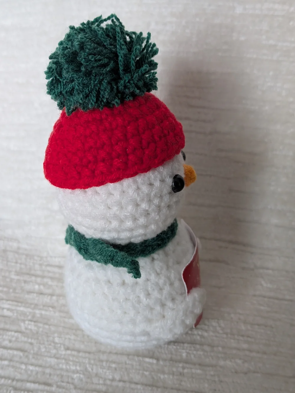 Crochet Snowman Plush with sign. removable Red Hat & Green Scarf